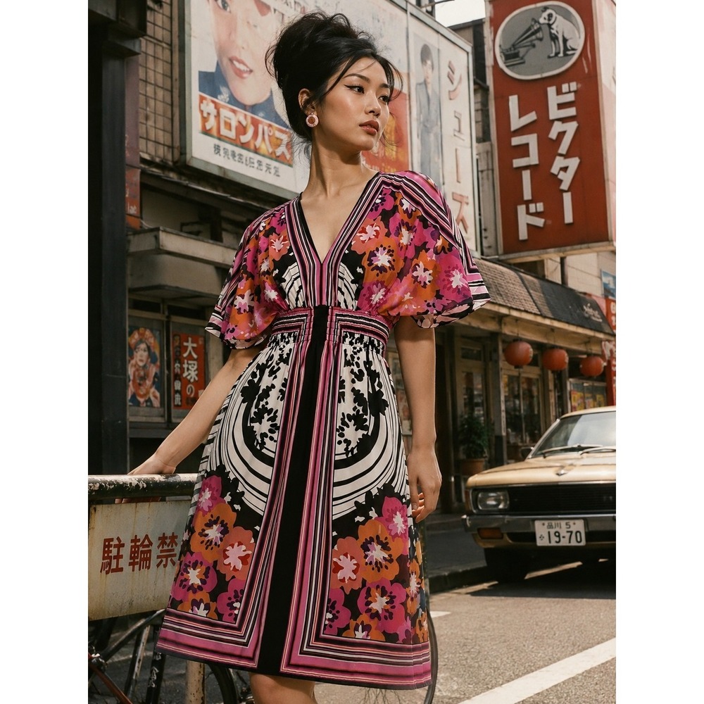 Bisou Bisou Michele Bohbot Pink Floral Geometric V-Neck Kimono Sleeve Dress 4